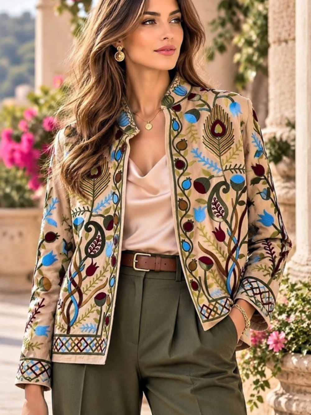 214 Suzanni 100% Cotton Embroidered Trumpet Flower Jacket Blazer